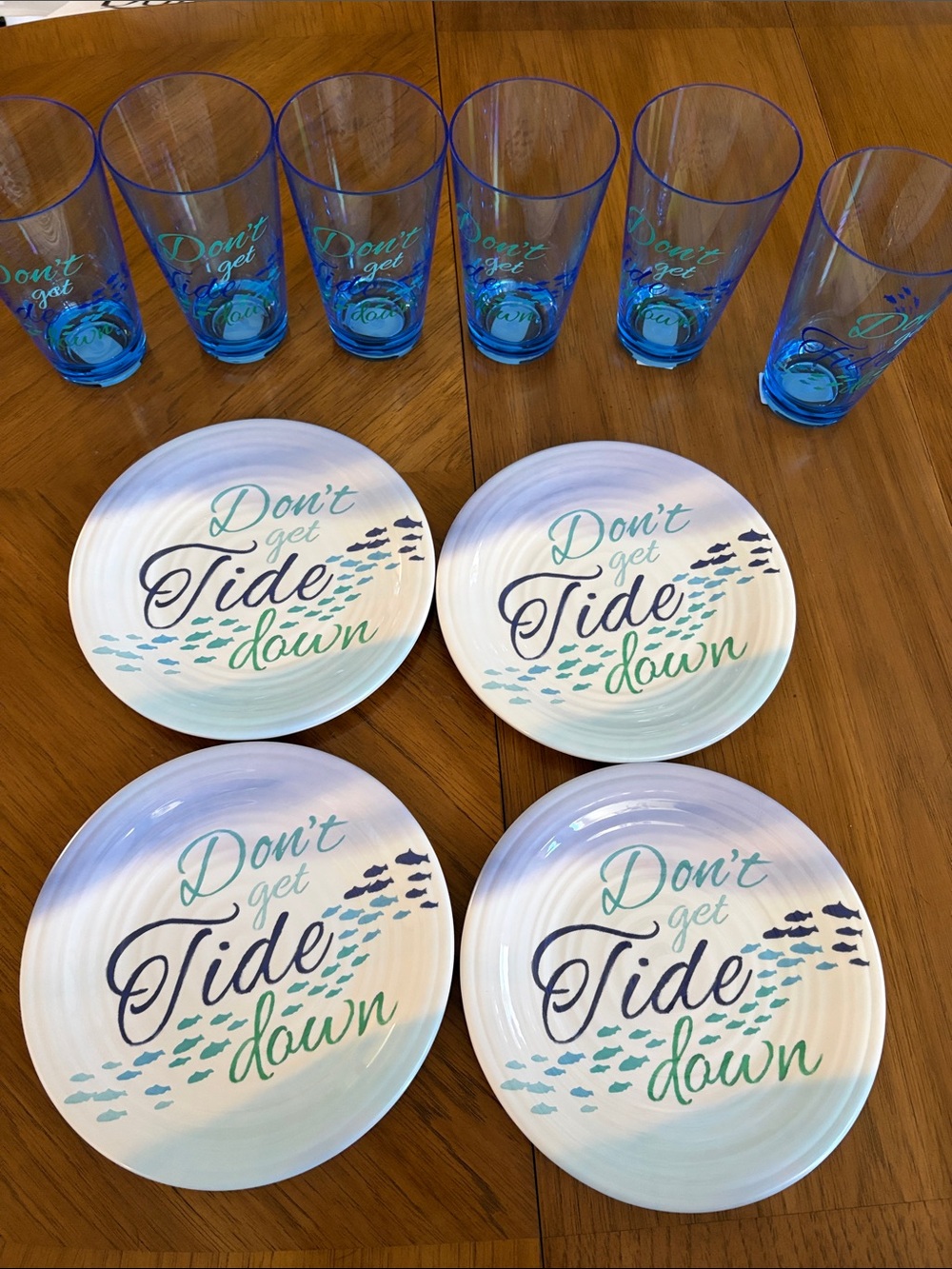 Frontgate "Don't Get Tide Down" Plate and Blue Acrylic Glass Set